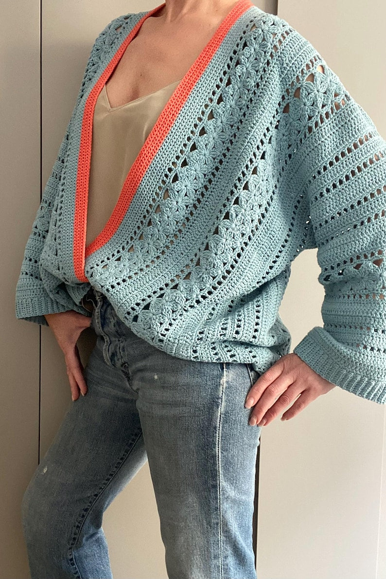 CROCHET PATTERN FLORA Sweater Cardigan Adult Crochet , Women Granny Square Jacket Crochet Pullover Crochet Tutorial Easy Crochet