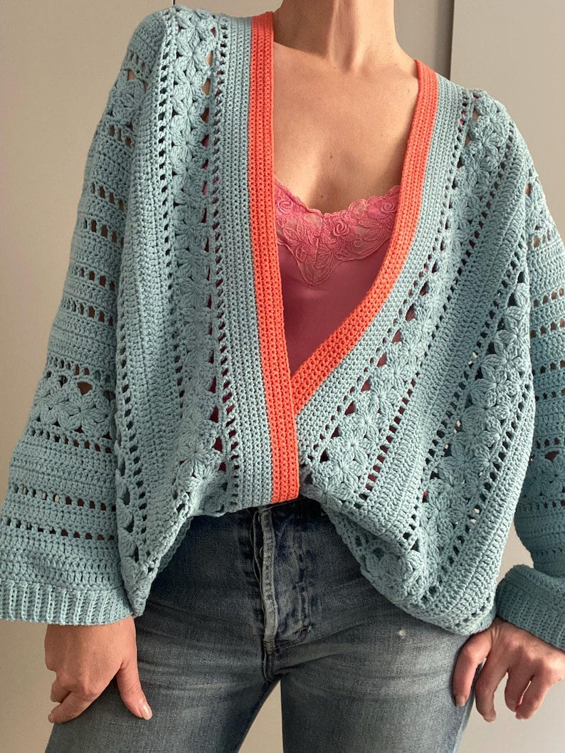 CROCHET PATTERN FLORA Sweater Cardigan Adult Crochet , Women Granny Square Jacket Crochet Pullover Crochet Tutorial Easy Crochet